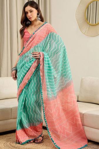 Turquoise  cotton leheriya ready to wear saree