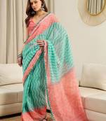 Turquoise  cotton leheriya ready to wear saree