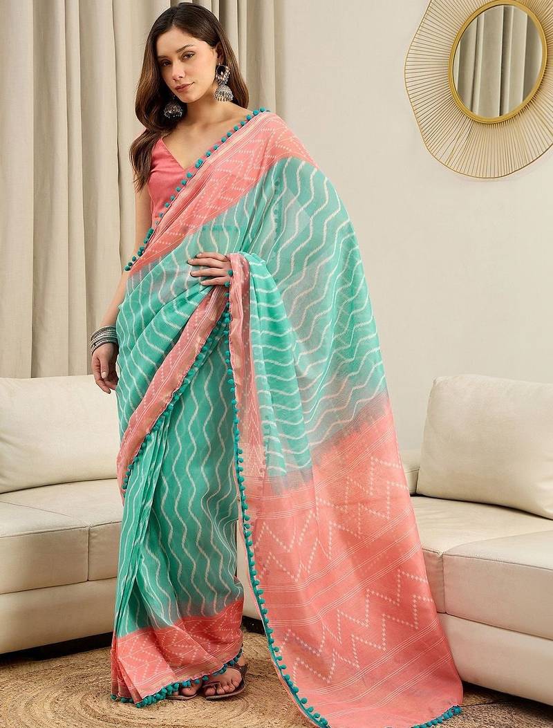 Turquoise  cotton leheriya ready to wear saree