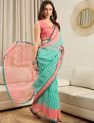 Turquoise  cotton leheriya ready to wear saree 3