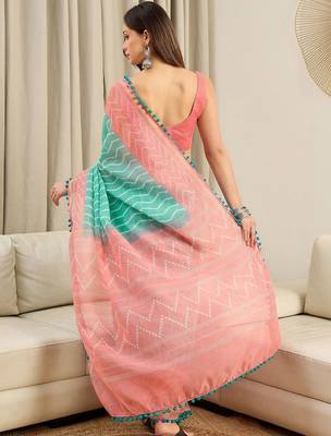 Turquoise  cotton leheriya ready to wear saree 4
