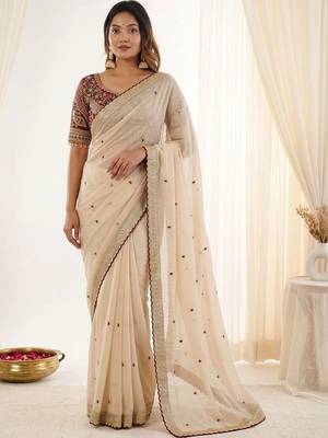Cream embroidered silk blend designer saree 1