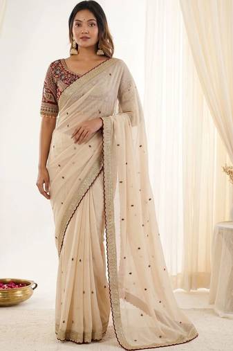 Cream embroidered silk blend designer saree