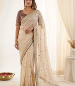 Cream embroidered silk blend designer saree