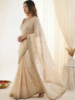 Cream embroidered silk blend designer saree 2