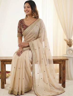 Cream embroidered silk blend designer saree 3