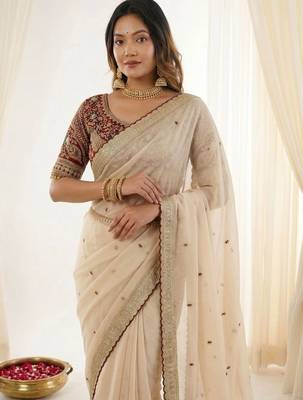 Cream embroidered silk blend designer saree 4