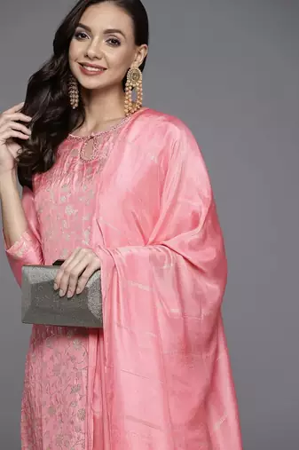 women ethnic motifs embroidered regular thread work kurta with trousers & with dupatta