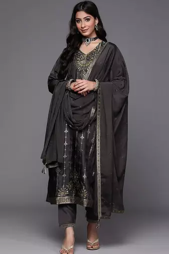 women ethnic motifs embroidered regular thread work kurta with trousers & with dupatta