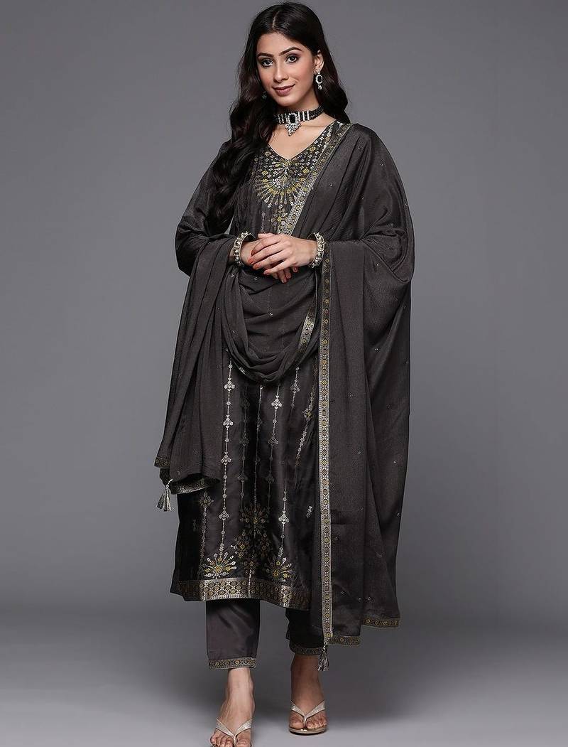 women ethnic motifs embroidered regular thread work kurta with trousers & with dupatta