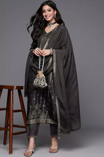 women ethnic motifs embroidered regular thread work kurta with trousers & with dupatta