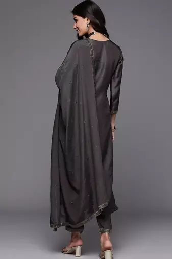 women ethnic motifs embroidered regular thread work kurta with trousers & with dupatta
