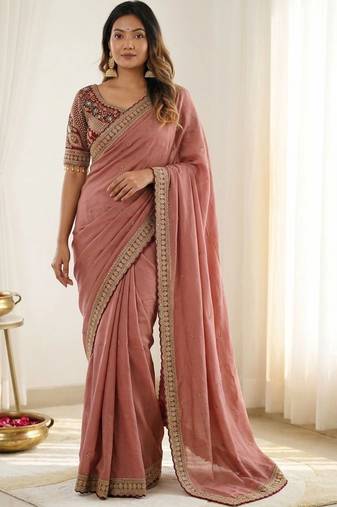 Rose embroidered silk blend designer saree