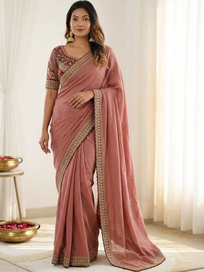 Rose embroidered silk blend designer saree
