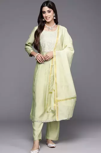 women ethnic motifs embroidered regular thread work kurta with trousers & with dupatta