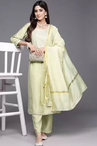 women ethnic motifs embroidered regular thread work kurta with trousers & with dupatta