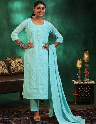 women ethnic motifs embroidered regular thread work kurta with trousers & with dupatta 1