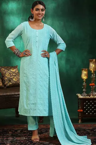 women ethnic motifs embroidered regular thread work kurta with trousers & with dupatta