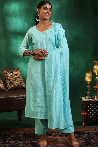 women ethnic motifs embroidered regular thread work kurta with trousers & with dupatta