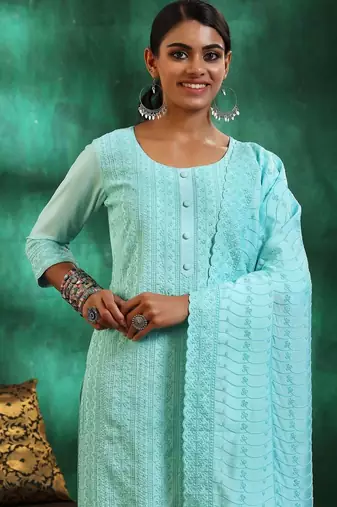 women ethnic motifs embroidered regular thread work kurta with trousers & with dupatta