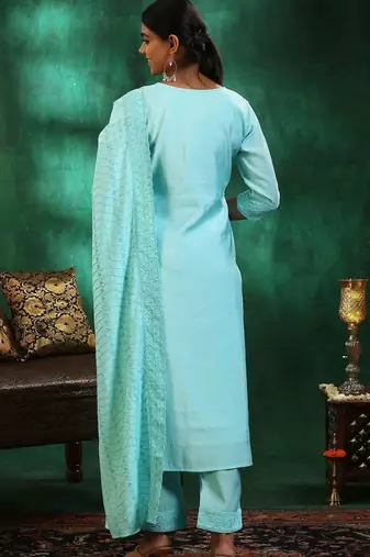 women ethnic motifs embroidered regular thread work kurta with trousers & with dupatta