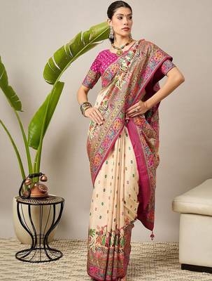 Cream ethnic motifs printed designer banarasi saree with blouse 1