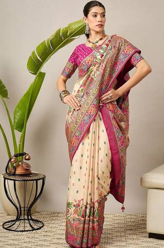 Cream ethnic motifs printed designer banarasi saree with blouse