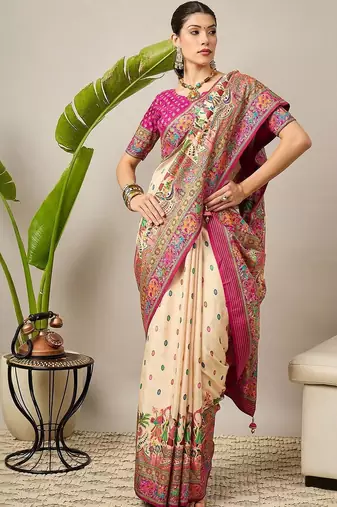 Cream ethnic motifs printed designer banarasi saree with blouse