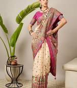 Cream ethnic motifs printed designer banarasi saree with blouse