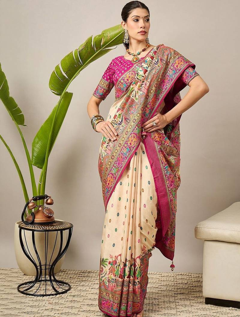 Cream ethnic motifs printed designer banarasi saree with blouse