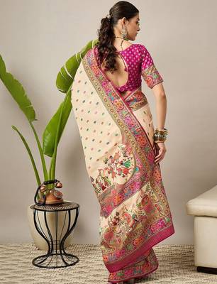 Cream ethnic motifs printed designer banarasi saree with blouse 2