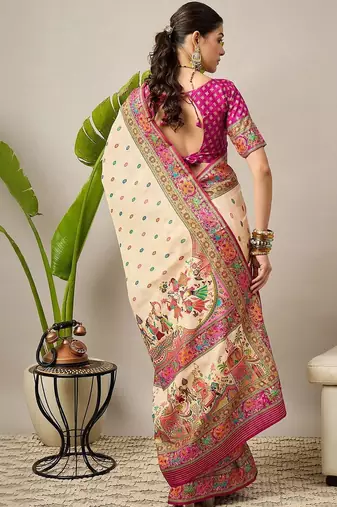 Cream ethnic motifs printed designer banarasi saree with blouse