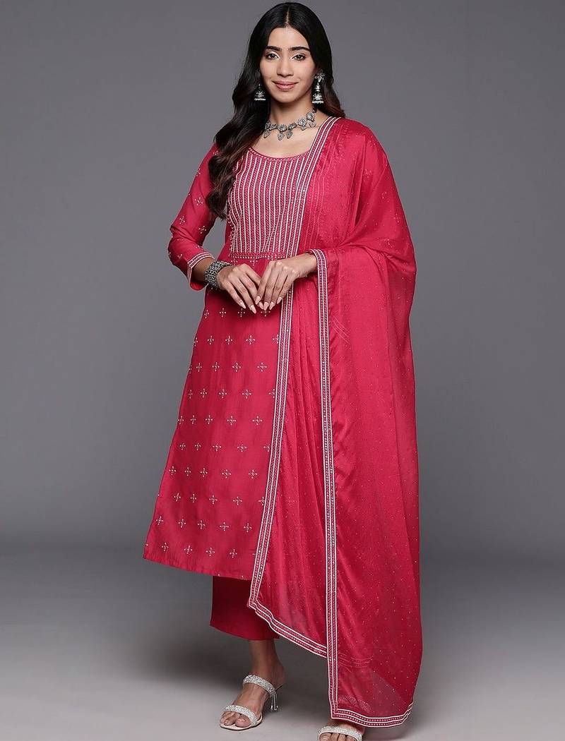 women ethnic motifs embroidered regular thread work kurta with trousers & with dupatta