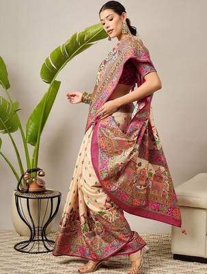 Cream ethnic motifs printed designer banarasi saree with blouse 3