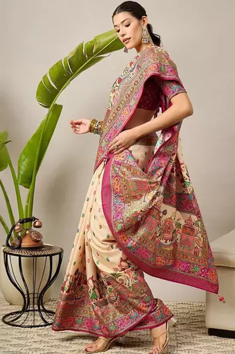 Cream ethnic motifs printed designer banarasi saree with blouse