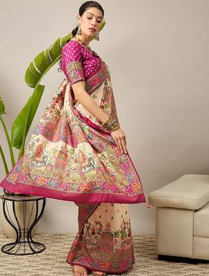 Cream ethnic motifs printed designer banarasi saree with blouse 4