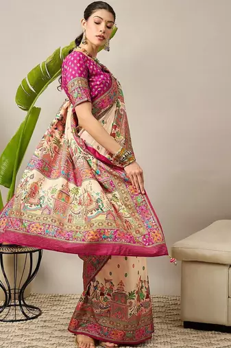Cream ethnic motifs printed designer banarasi saree with blouse