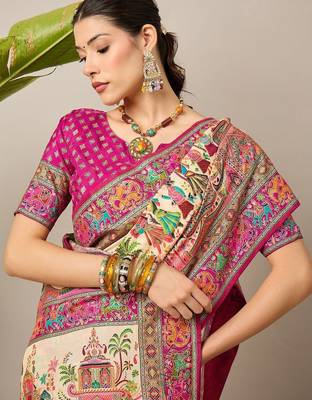 Cream ethnic motifs printed designer banarasi saree with blouse 5