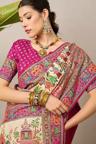 Cream ethnic motifs printed designer banarasi saree with blouse