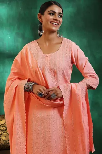 women ethnic motifs embroidered regular thread work kurta with trousers & with dupatta