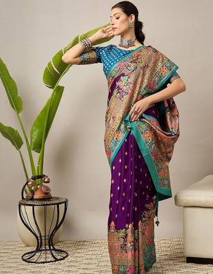 Purple ethnic motifs zari silk blend banarasi saree 1