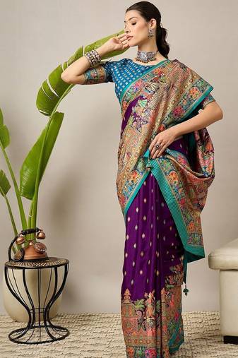 Purple ethnic motifs zari silk blend banarasi saree