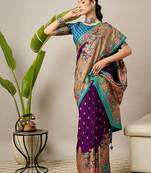 Purple ethnic motifs zari silk blend banarasi saree
