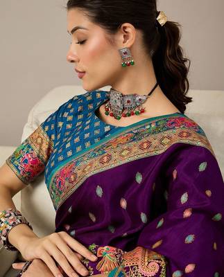 Purple ethnic motifs zari silk blend banarasi saree 2