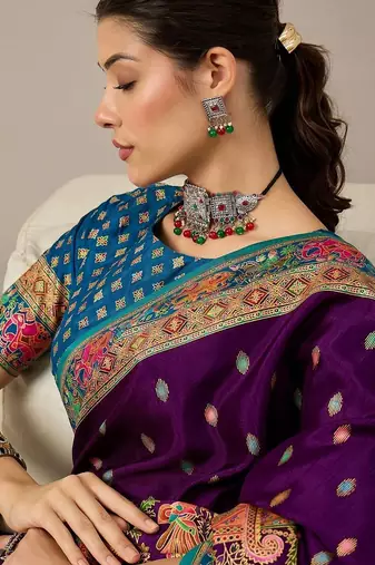 Purple ethnic motifs zari silk blend banarasi saree