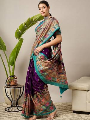 Purple ethnic motifs zari silk blend banarasi saree 4