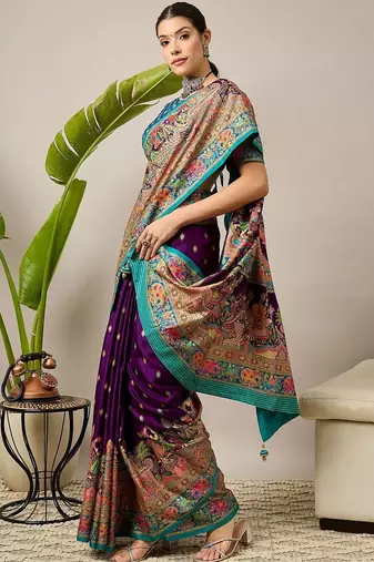 Purple ethnic motifs zari silk blend banarasi saree