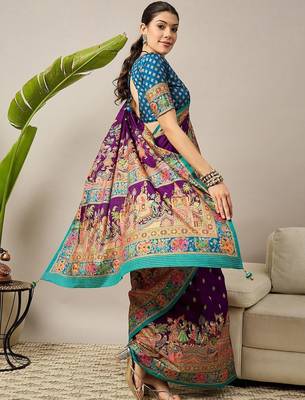 Purple ethnic motifs zari silk blend banarasi saree 5