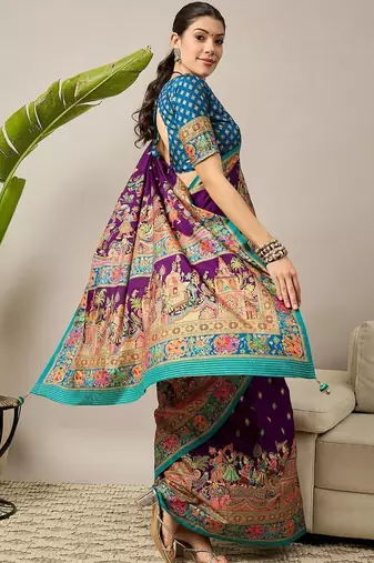 Purple ethnic motifs zari silk blend banarasi saree