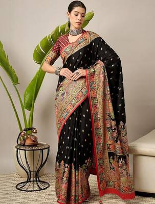 Black ethnic motifs printed banarasi saree with blouse piece 1